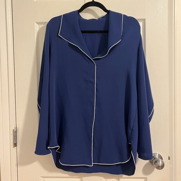 Aritzia Babaton Rena Blouse - Blue with White Trim - Size M - Picture 2 of 4